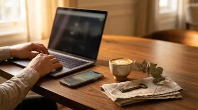 A traveler planning a stay at a sunlit walnut table at dusk, a laptop glowing softly out of focus beside a phone, a coffee, and a brass key in warm close focus