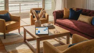 Guest booking a coastal vacation rental directly on a property website shown on a phone, with the beach house visible in the background