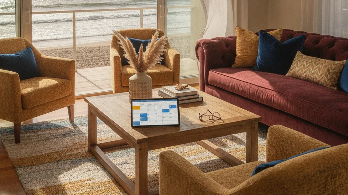 Guest booking a coastal vacation rental directly on a property website shown on a phone, with the beach house visible in the background