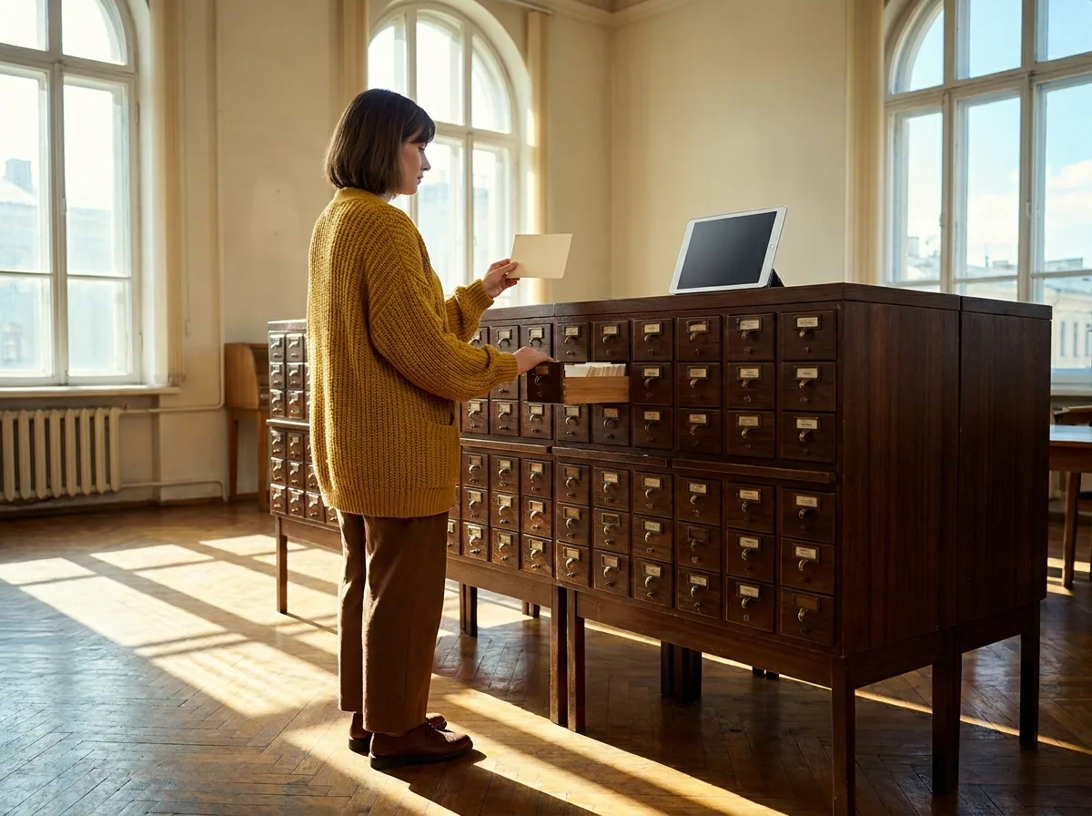 Painting of a librarian in a 1970s mustard cardigan at a tall wooden card catalog in a sunlit reading room, lifting a single card from an open drawer, a slim modern tablet resting on top of the catalog