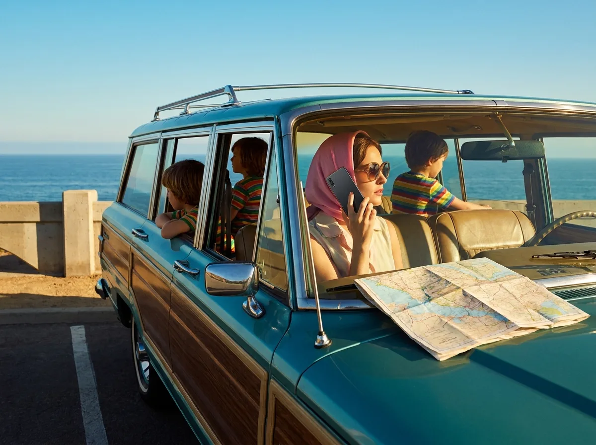 Painting of a 1970s family in a wood-paneled station wagon at a coastal overlook, the mother in a pink headscarf speaking into a modern smartphone while a paper road map lies ignored on the dashboard and two children look out at the sea