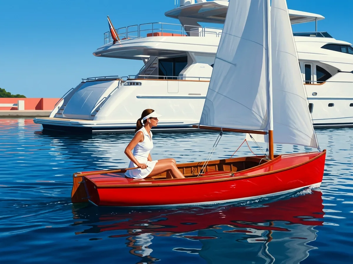 Painting of a woman in a 1970s white tennis dress sailing a small red wooden dinghy past an enormous white motor yacht anchored on a glassy cobalt bay