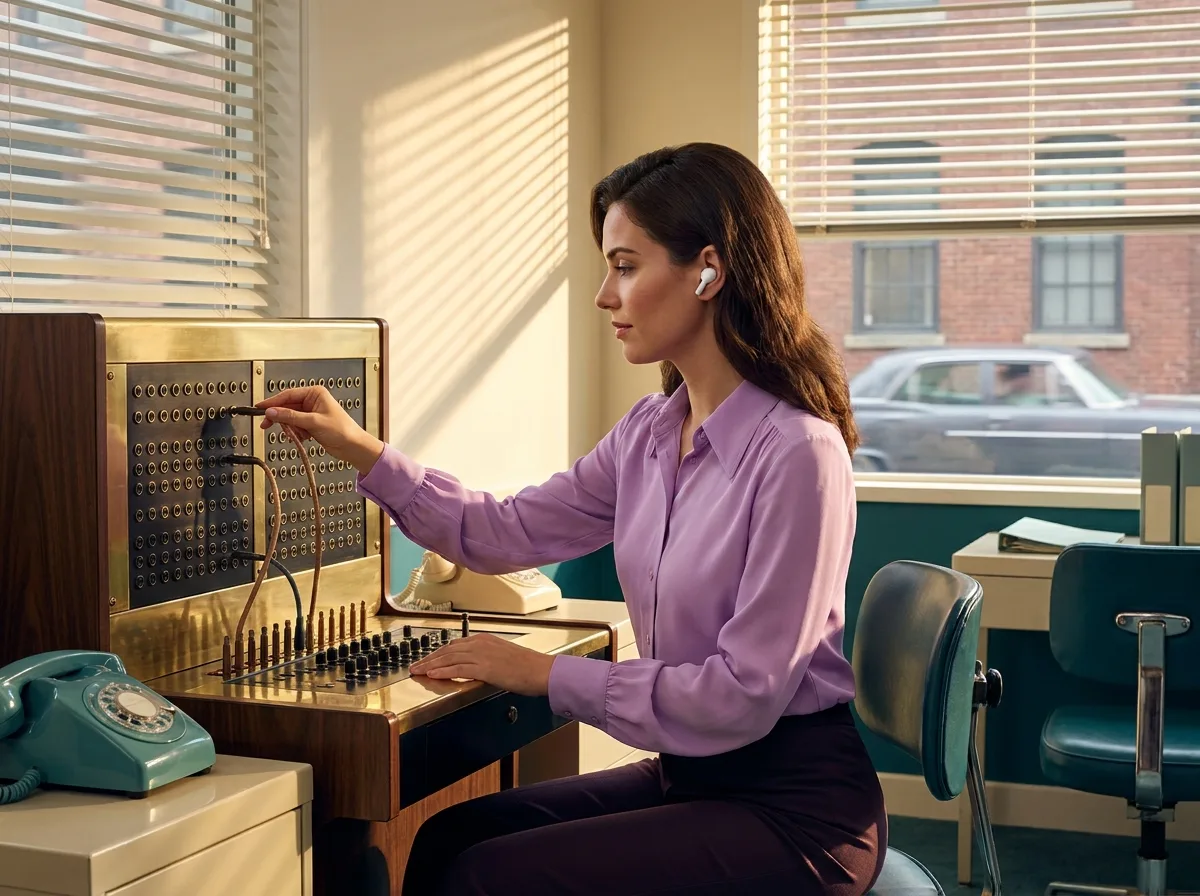 Painting of a woman in a 1970s lilac blouse at a vintage telephone switchboard, plugging in a single patch cord, wearing modern white wireless earbuds, late light through venetian blinds