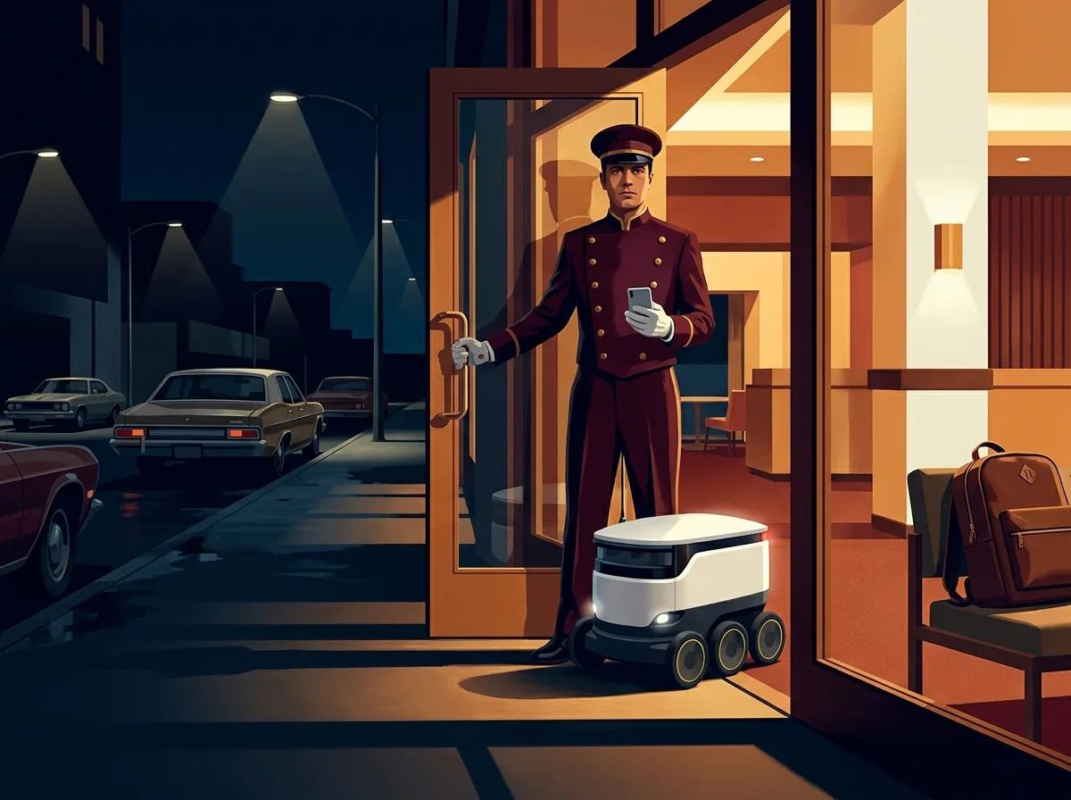 Painting of a doorman in a 1970s burgundy uniform holding open the glass door of a modernist hotel lobby at night while a small white modern delivery robot rolls inside