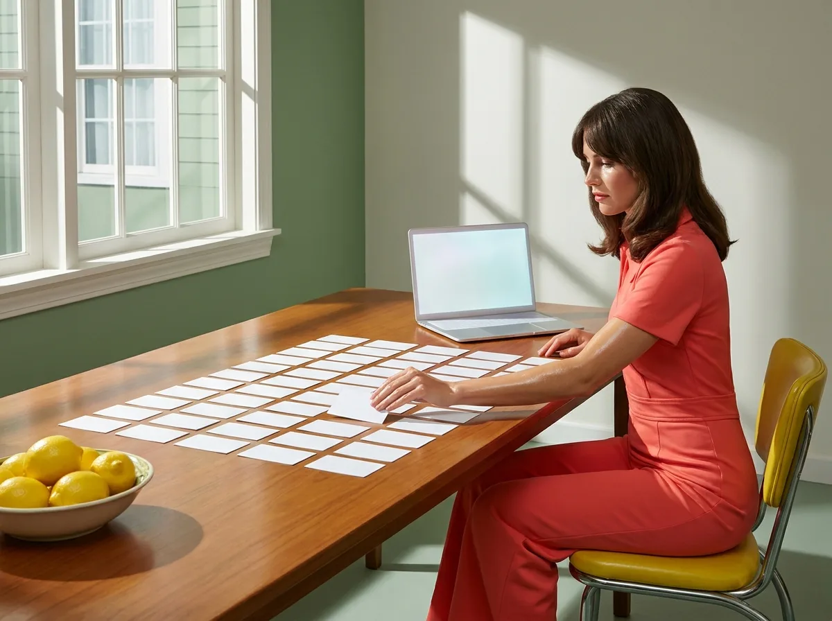 Painting of a woman in a 1970s coral jumpsuit at a long kitchen table arranging neat rows of blank white cards beside an open modern laptop, a bowl of lemons in the morning light