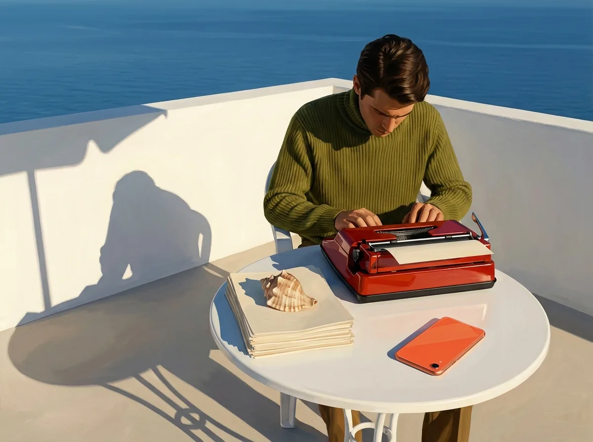 Painting of a writer in a 1970s olive turtleneck typing at a glossy red typewriter on a white terrace above the sea, a stack of pages under a seashell and a modern orange smartphone face down beside him