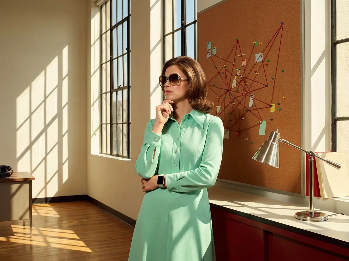 Painting of a woman in a 1970s mint shirtdress studying a corkboard covered with colored push-pins joined by red string, a modern smartwatch on her wrist and a drafting lamp beside her