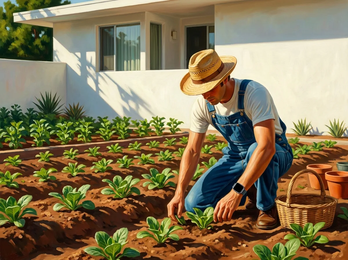 Painting of a gardener in 1970s denim overalls and a straw hat planting rows of young seedlings in a sunlit terraced garden below a white villa, a woven basket of plants beside him