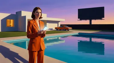 Painting of a woman in a 1970s tangerine trouser suit at the edge of a calm turquoise pool at dusk, holding a glowing modern smartphone, a small white modernist villa behind her and a dark, empty billboard in the distance
