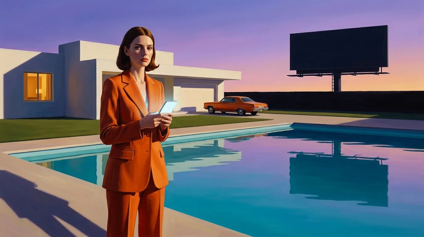 Painting of a woman in a 1970s tangerine trouser suit at the edge of a calm turquoise pool at dusk, holding a glowing modern smartphone, a small white modernist villa behind her and a dark, empty billboard in the distance