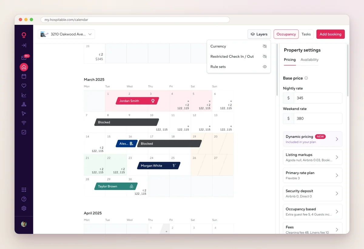 Hospitable single-property calendar for March 2025 with reservations and blocked nights, beside a property settings panel showing nightly and weekend rates, security deposit and fees