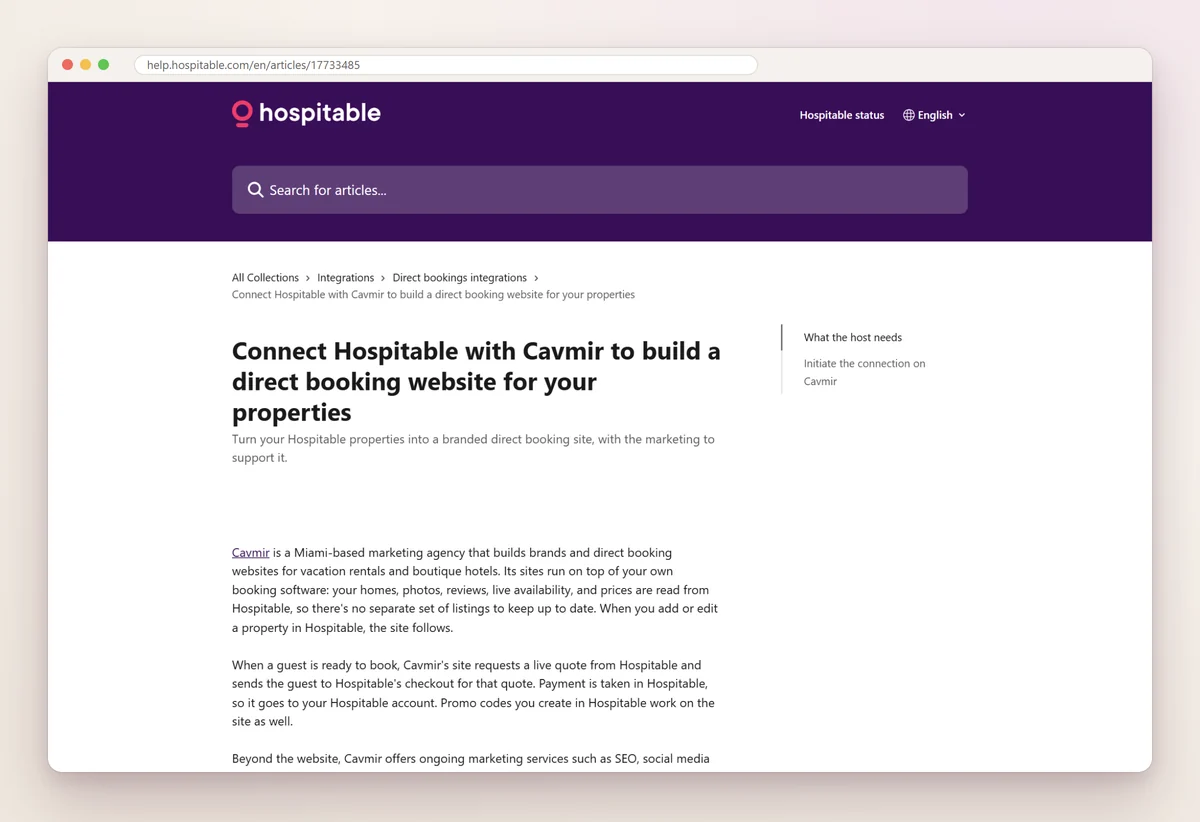 Hospitable Help Center article titled Connect Hospitable with Cavmir to build a direct booking website for your properties, open in a browser window on help.hospitable.com