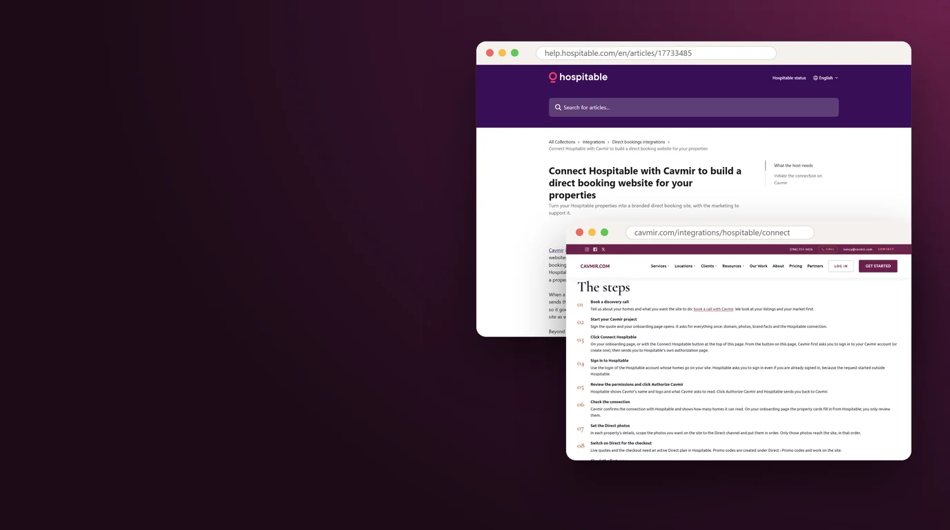 Hospitable's Help Center article on connecting Hospitable with Cavmir in a browser window, with Cavmir's Connect Hospitable guide in a second window in front of it, on a plum background