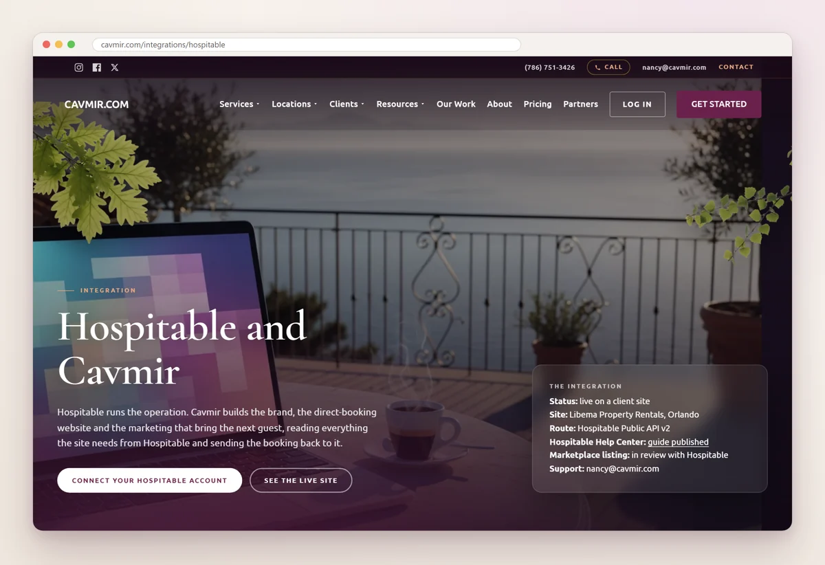 Cavmir's Hospitable and Cavmir integration page with a status card listing the connection as live on Libema Property Rentals in Orlando and the Hospitable Help Center guide as published