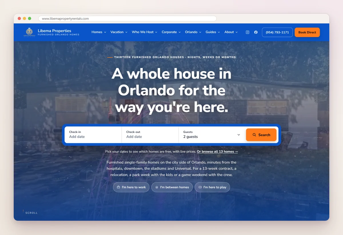 Home page of the Libema Property Rentals website with the headline A whole house in Orlando for the way you're here, above a check-in, check-out and guests search bar