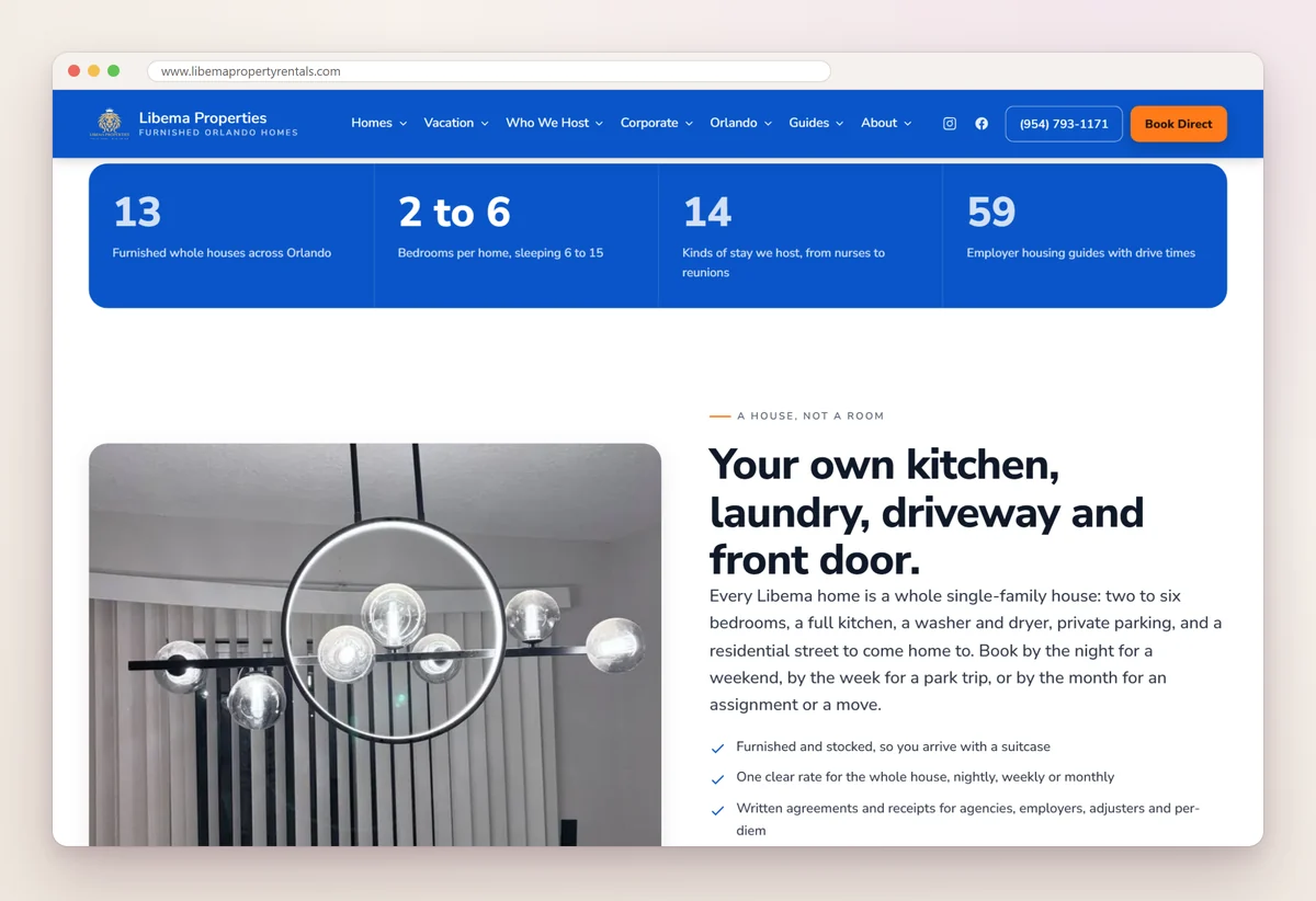 Libema Property Rentals home page section with a band reading 13 furnished whole houses, 2 to 6 bedrooms, 14 kinds of stay and 59 employer housing guides, above a section about having your own kitchen, laundry, driveway and front door