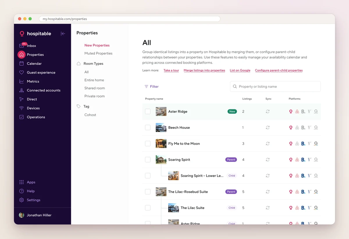 Hospitable Properties screen listing homes with a photo, the number of listings, sync status and connected booking platforms, including parent and child properties