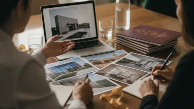Vacation rental owner reviewing marketing plans on a laptop at a kitchen table with property photos spread out beside it