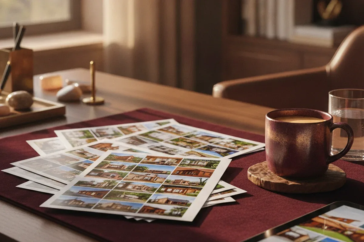 Two people reviewing a vacation rental marketing proposal across a desk with printed website mockups