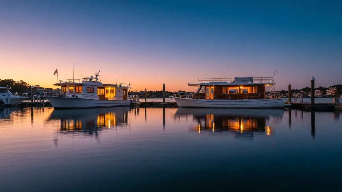 Luxury houseboat Airbnb rental moored in scenic harbor with sunset views