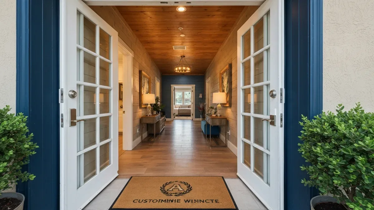 Branded Airbnb property with custom name sign above entrance