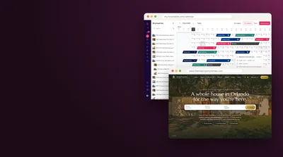 Hospitable multi-calendar for a property portfolio with the Libema Property Rentals direct-booking website open in front of it, two windows showing the operation and the guest-facing site that reads from it