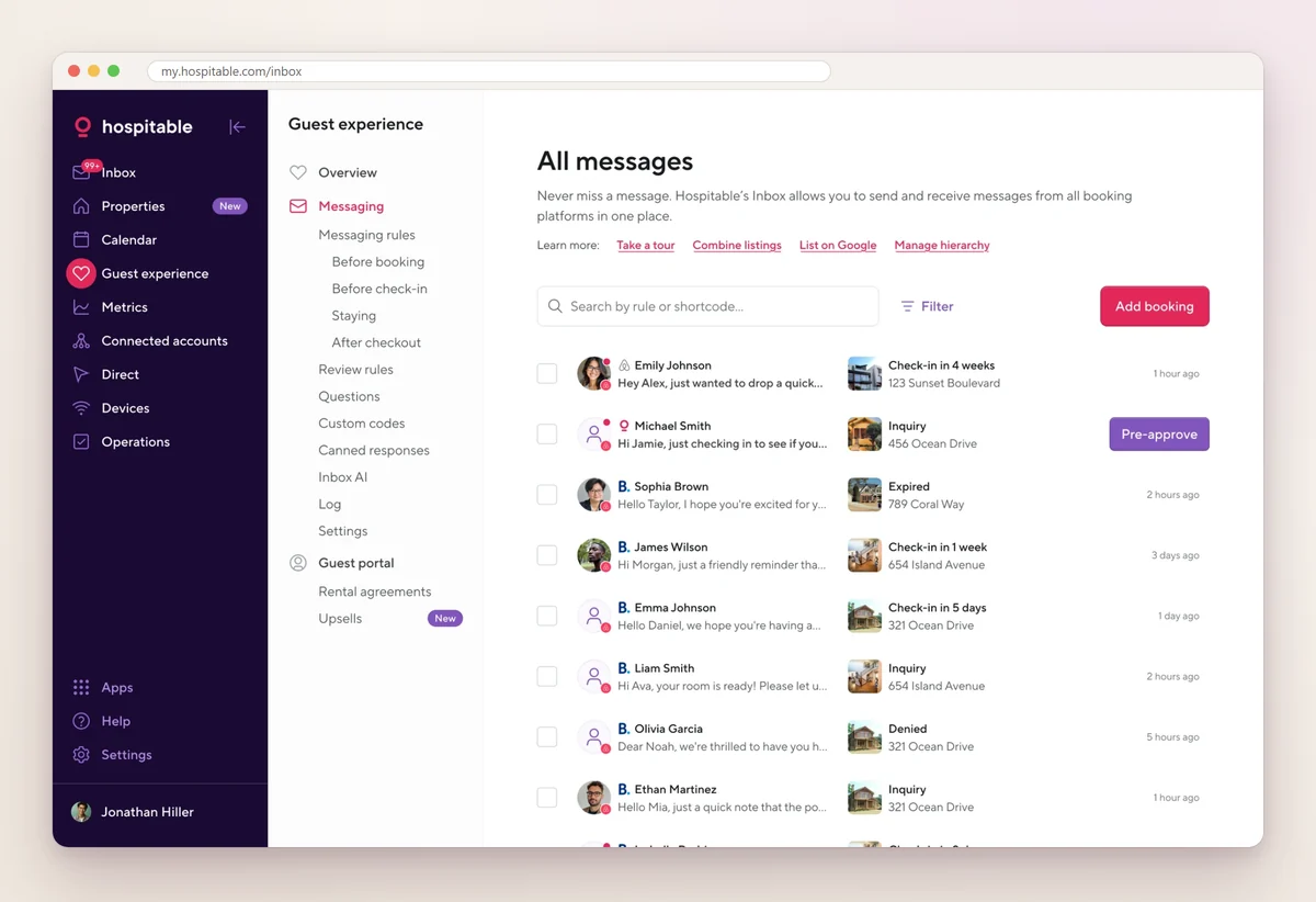 Hospitable unified inbox listing guest conversations from several booking channels, each with the guest's name, message preview, stay status, property and a pre-approve button for an inquiry
