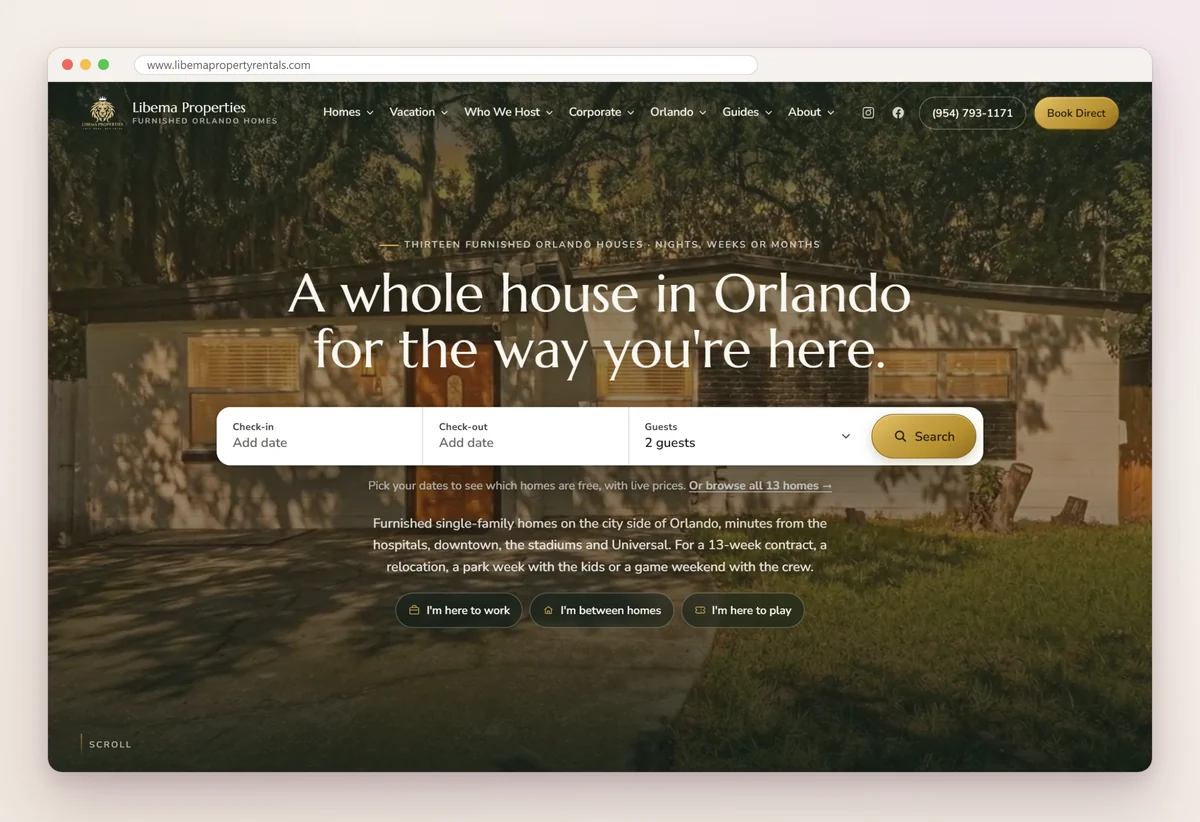 Home page of the Libema Property Rentals website at dusk with the headline A whole house in Orlando for the way you're here, a date and guest search bar, and buttons for work, between homes and vacation stays