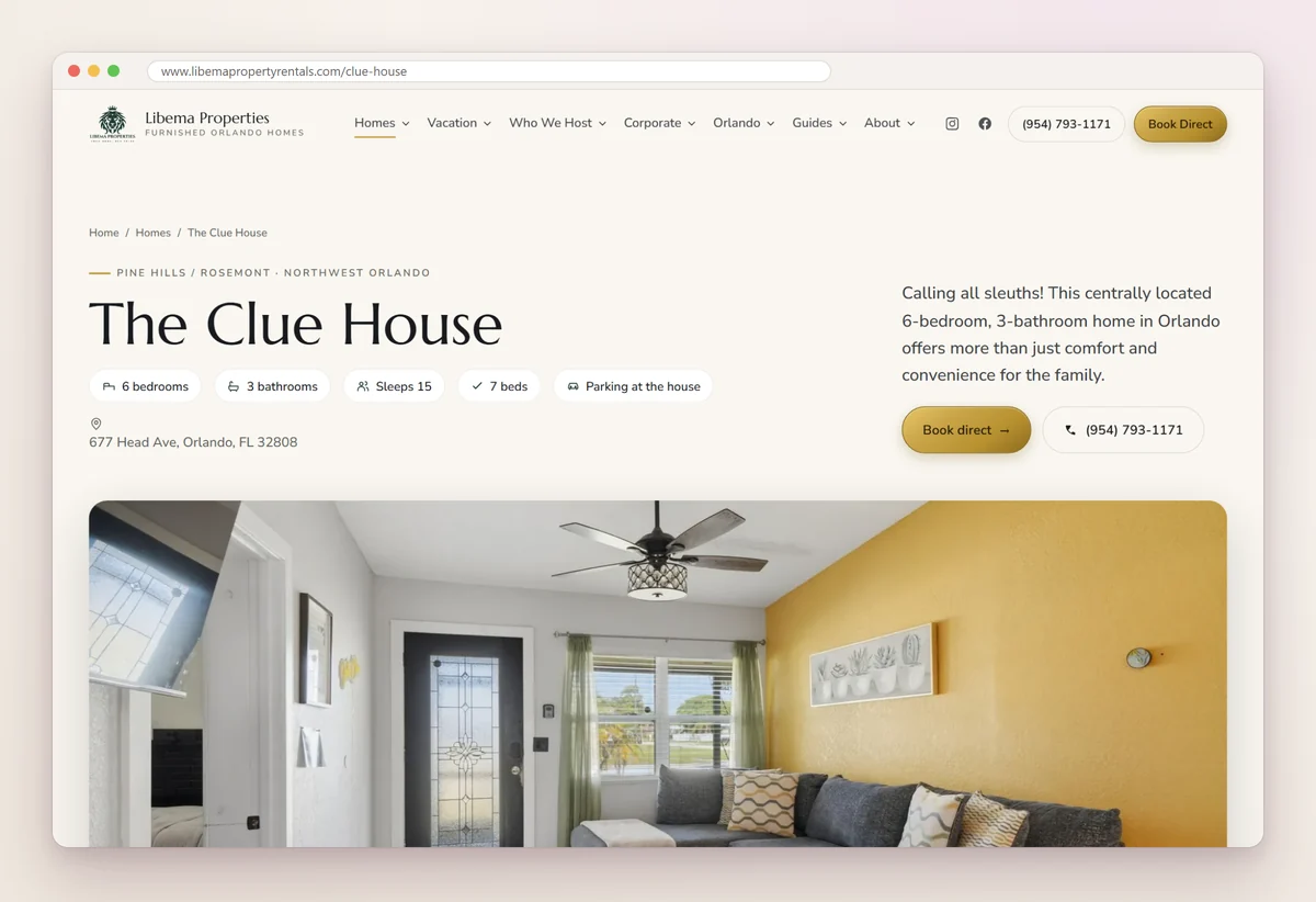 The Clue House page on the Libema Property Rentals website showing six bedrooms, three bathrooms, sleeps fifteen, the street address in Orlando and Book direct and phone buttons above a photo of the living room