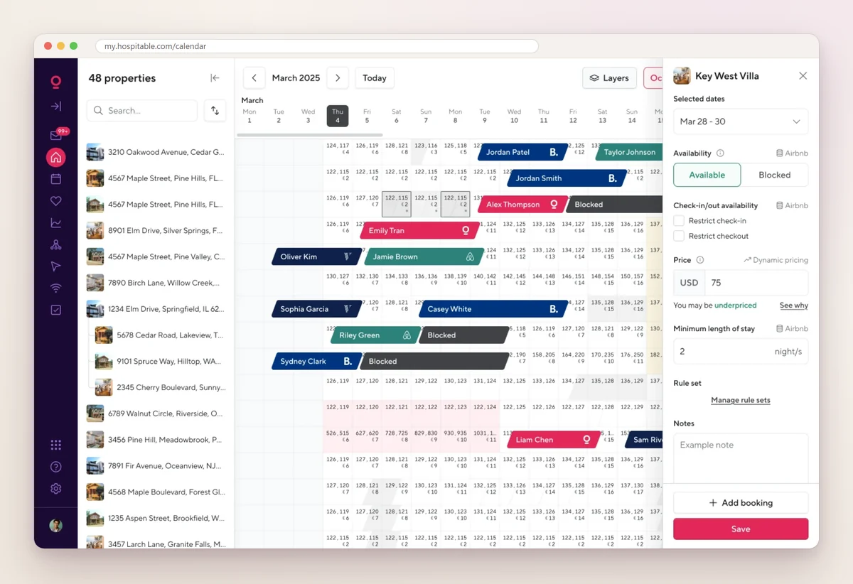 Hospitable multi-calendar showing 48 properties in rows with colored reservation bars from Airbnb, Booking.com and direct bookings, and a side panel for editing a night's price and availability