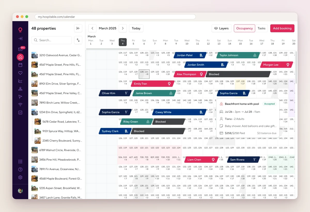 Hospitable multi-calendar with a reservation card opened over the grid showing an accepted stay at a beachfront home with pool, the dates, two adults and the amount paid