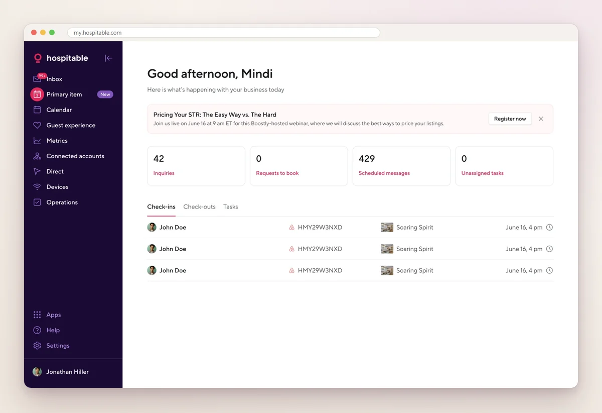 Hospitable dashboard home screen greeting the host, with counts of inquiries, requests to book, scheduled messages and unassigned tasks above a list of today's check-ins