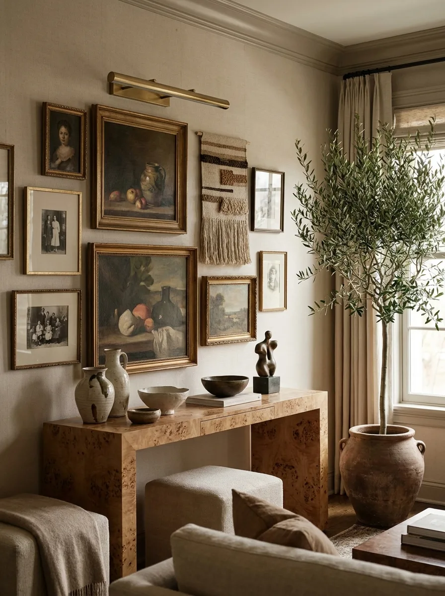 A 2027 collected wall: an eclectic gallery of framed art with a brass picture light over a burl console of ceramics and a bronze