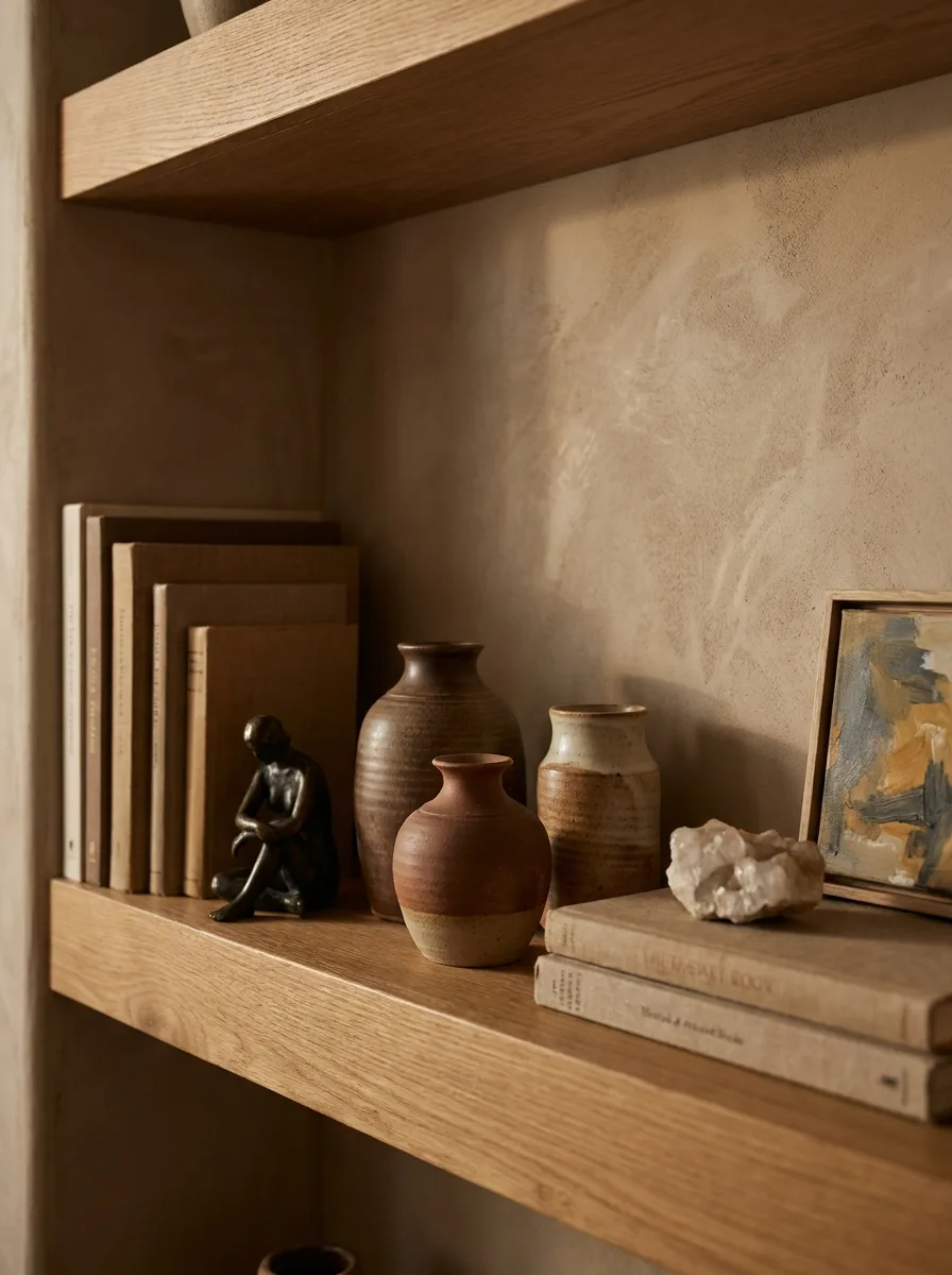 A collected shelf vignette of earth-glazed ceramics, a small bronze sculpture, art books and a framed abstract