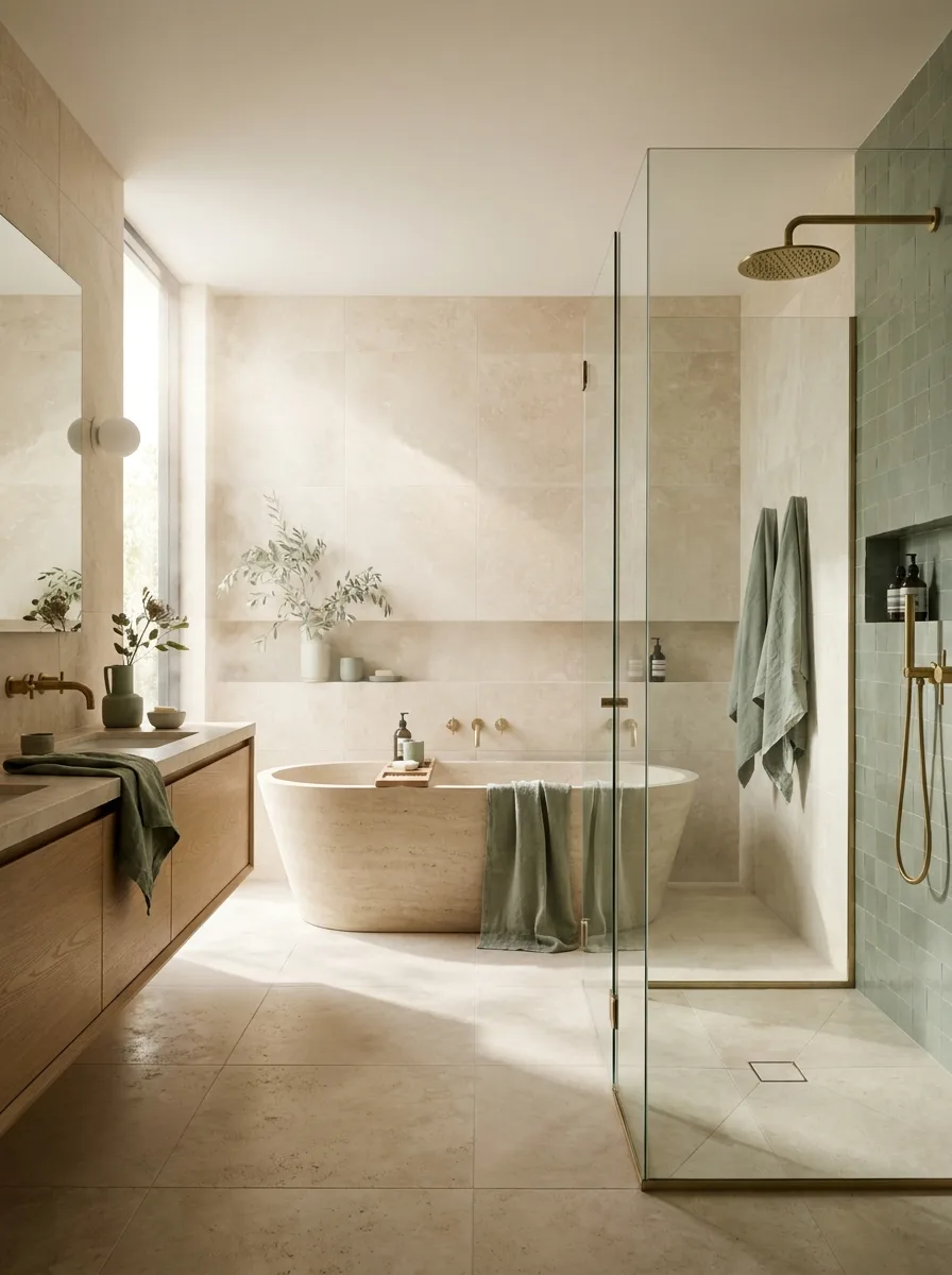 A full 2027 spa bathroom in travertine with a freestanding stone tub, glass wet-room shower, brass fittings and sage accents
