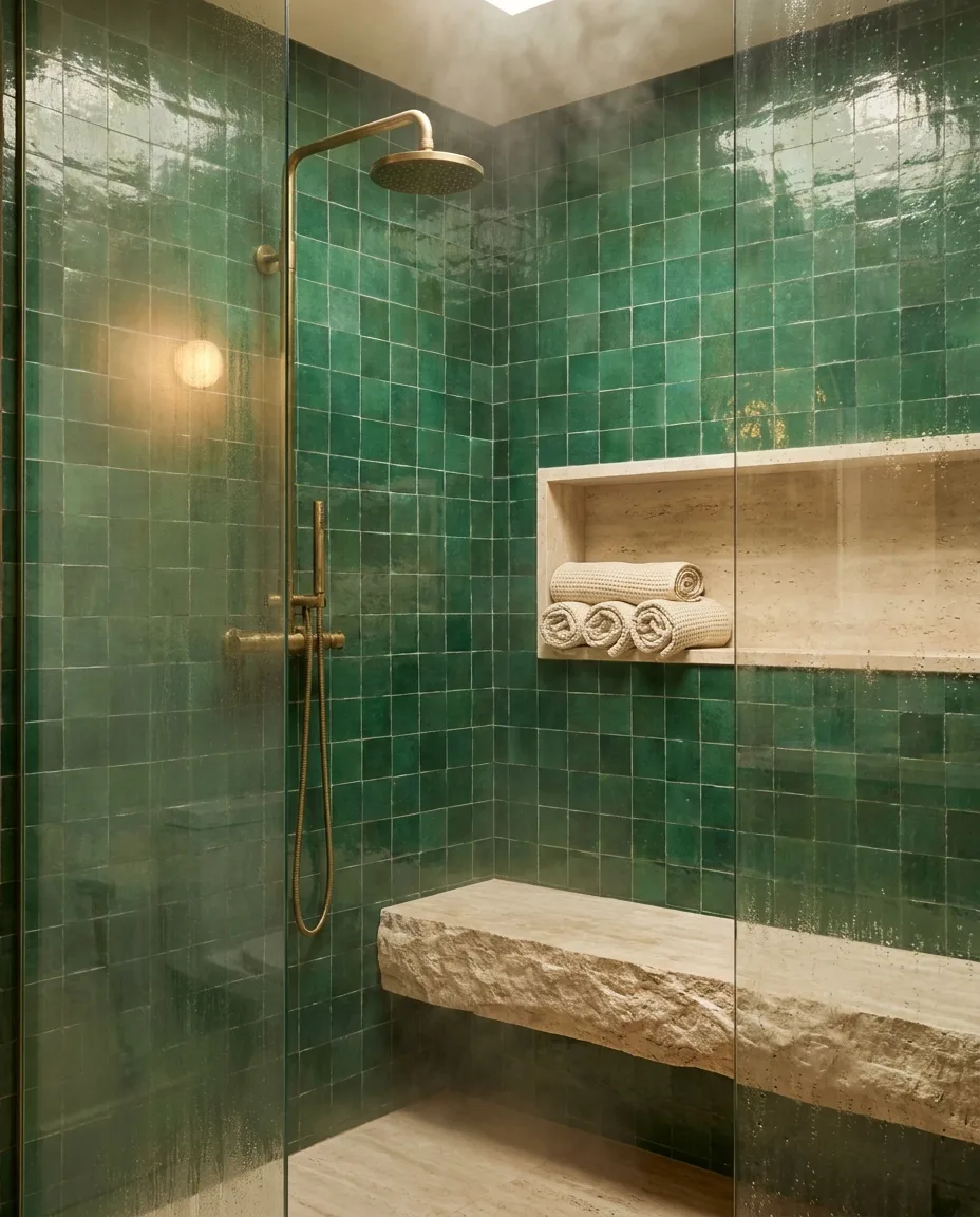 A 2027 curbless wet-room shower lined in glossy emerald zellige with a stone bench, brass rainfall arm and travertine niche