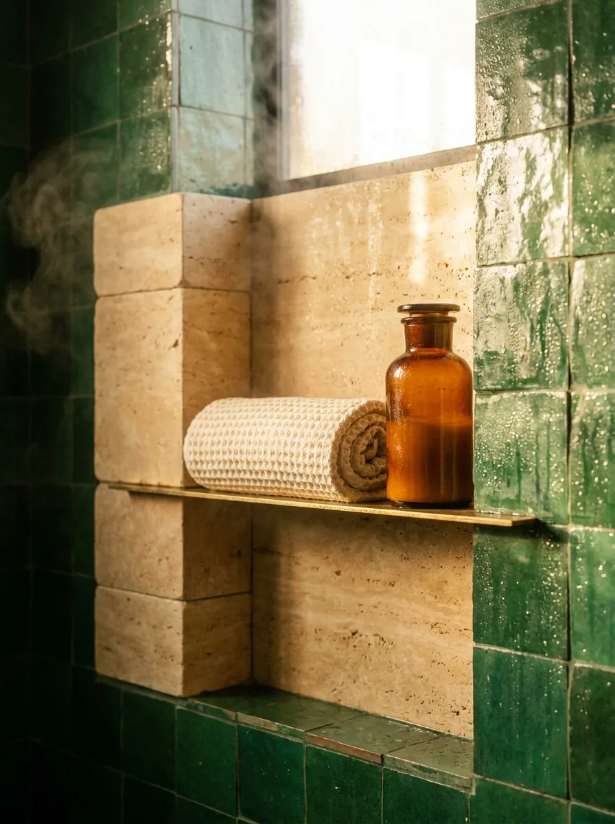 A travertine shower niche with an aged-brass shelf and amber apothecary bottle set against glossy emerald zellige tile