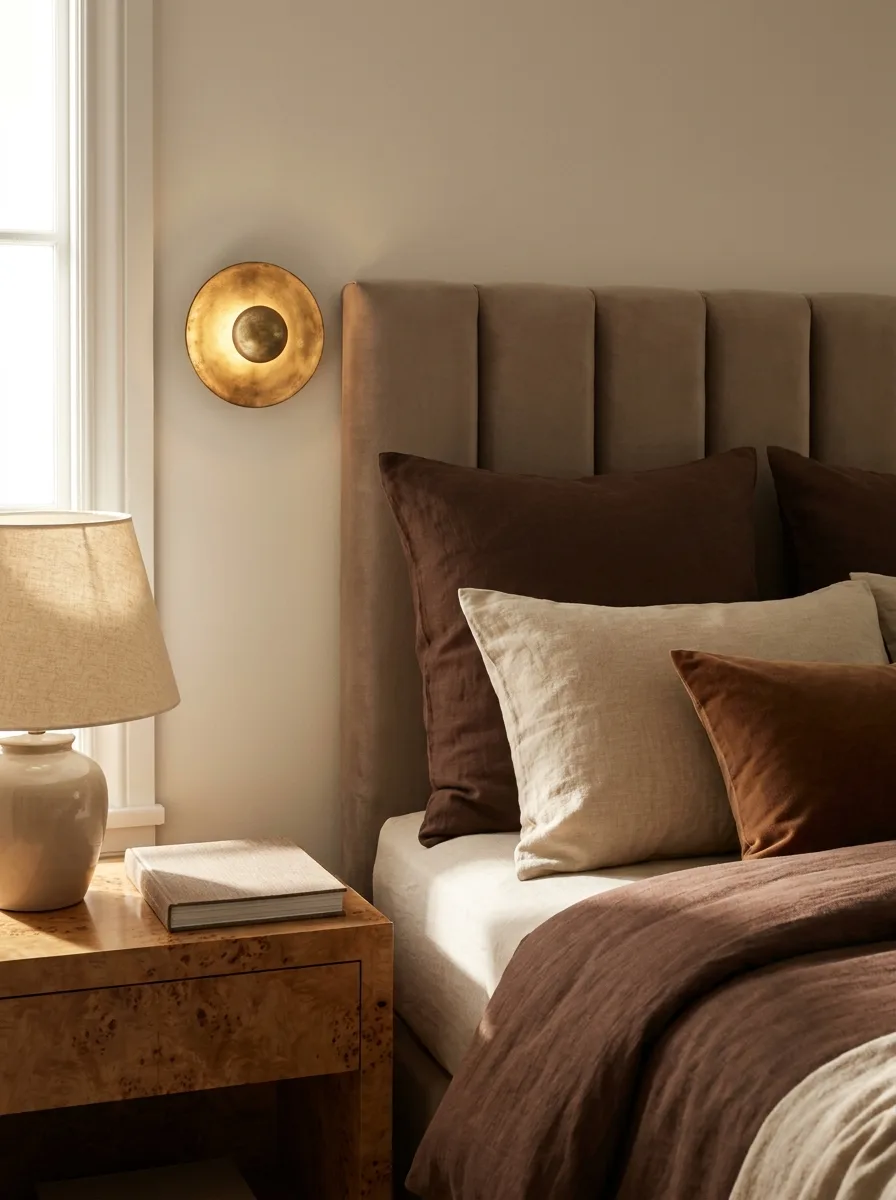 A cocooning bedroom vignette: channel-tufted taupe headboard, chocolate-and-oat linen, aged-brass sconce and burl nightstand