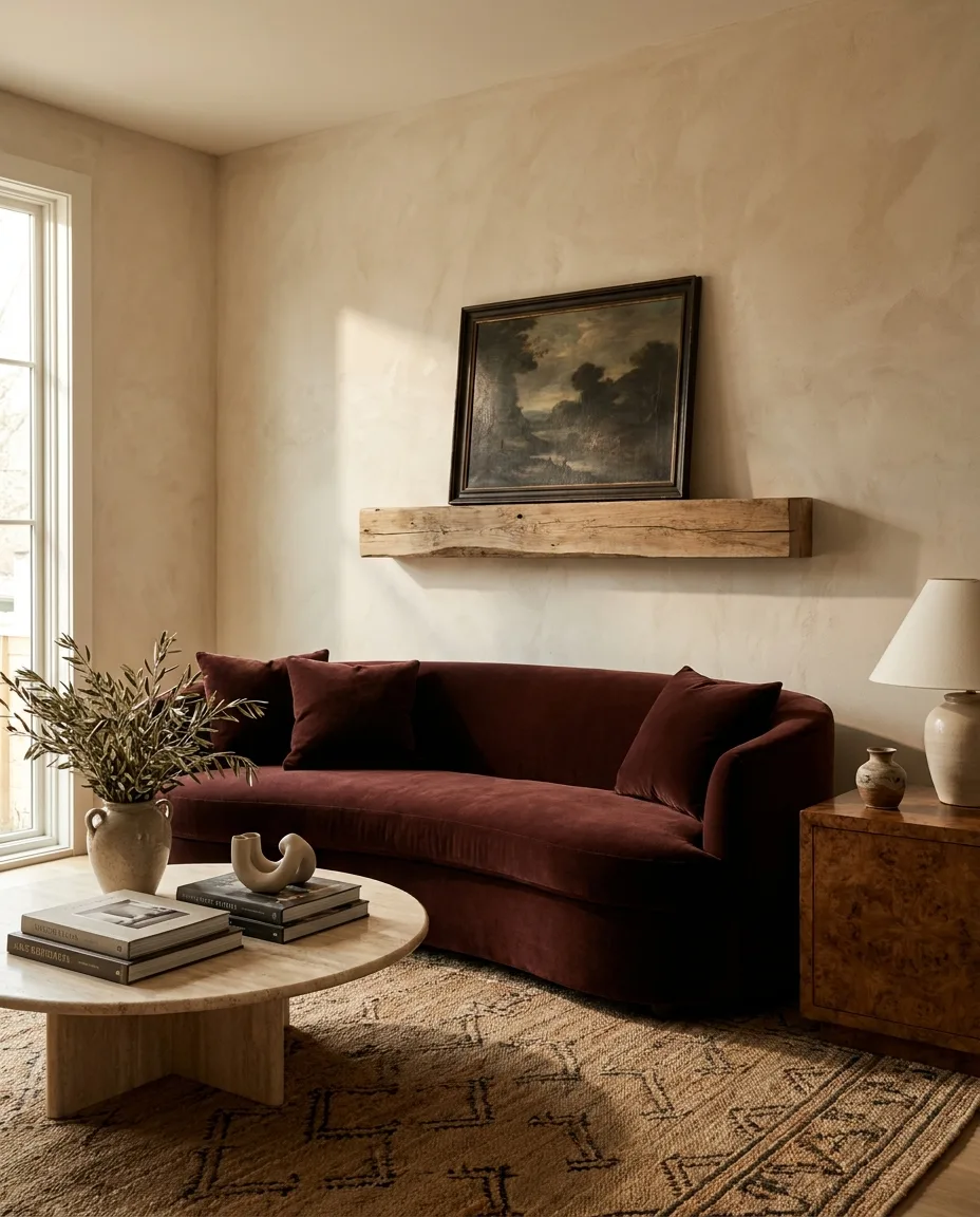 A collected 2027 living corner in oxblood, walnut and warm plaster with a mohair sofa, burl side table and leaning vintage oil