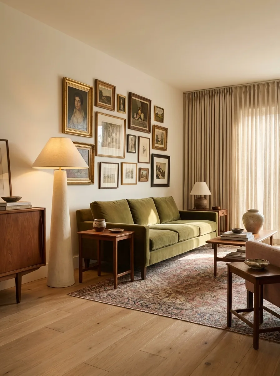 A full 2027 living room in olive, honey oak and faded rose with a velvet sofa, vintage rug, plaster floor lamp and gallery wall