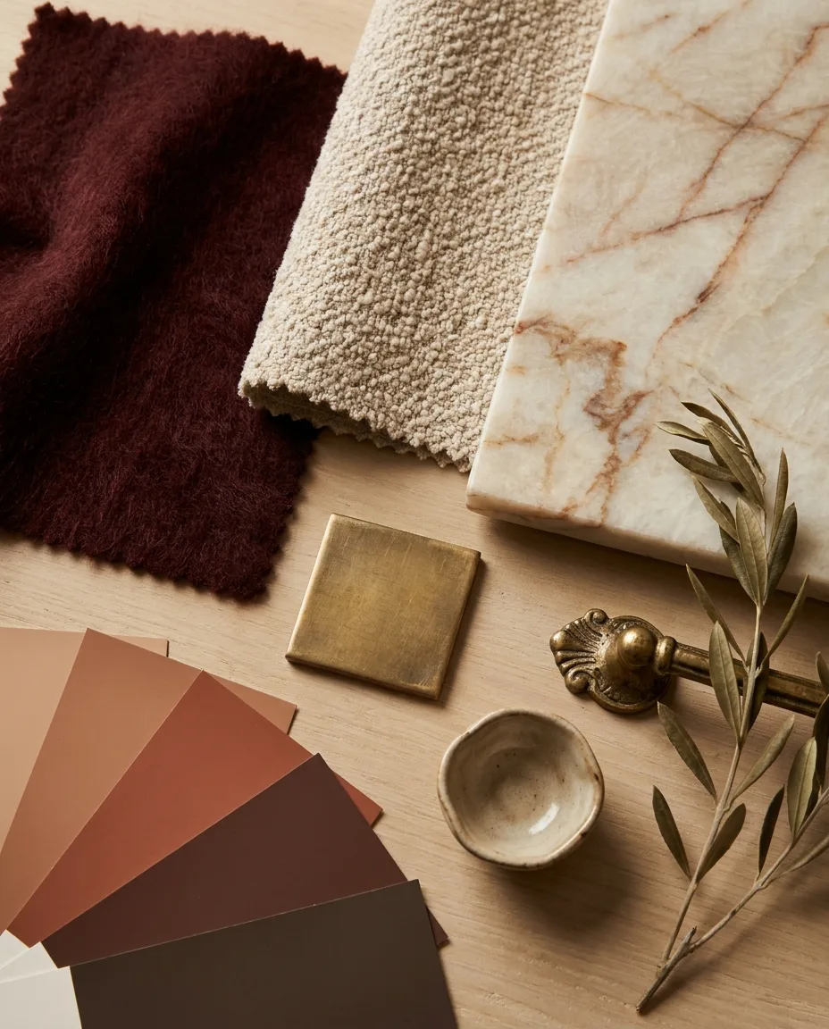 A 2027 materials mood board mixing oxblood mohair, veined quartzite, warm paint chips, aged brass, ceramics and dried olive