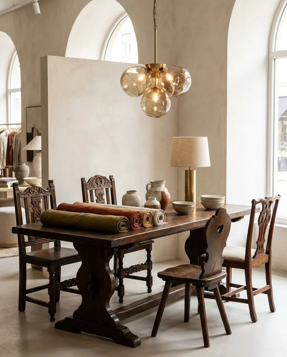 A 2027 furniture-market showroom vignette with a vintage brown-wood table, layered textile samples and ceramics under a lit fixture