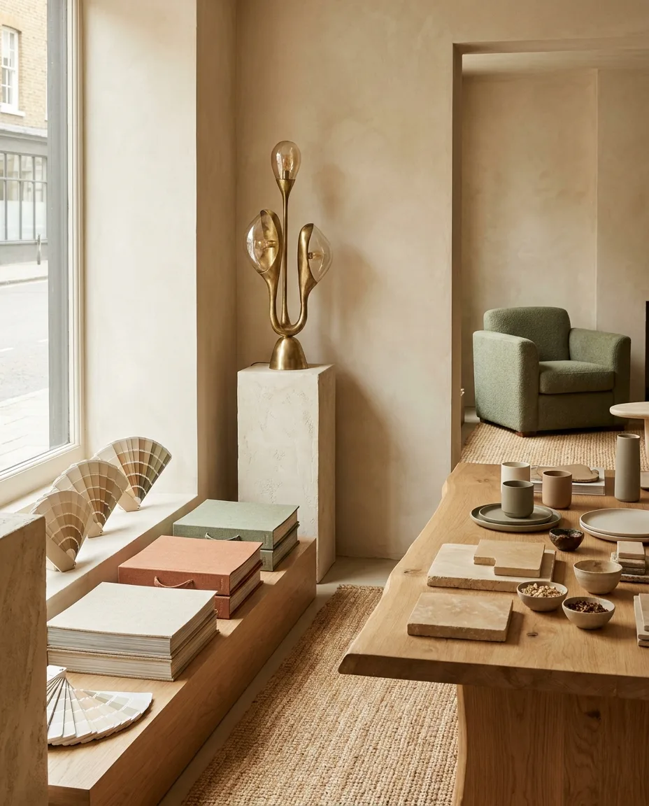 A 2027 design-showroom vignette with fanned paint decks, stacked fabric sample books, a lighting fixture on a plinth and stone samples