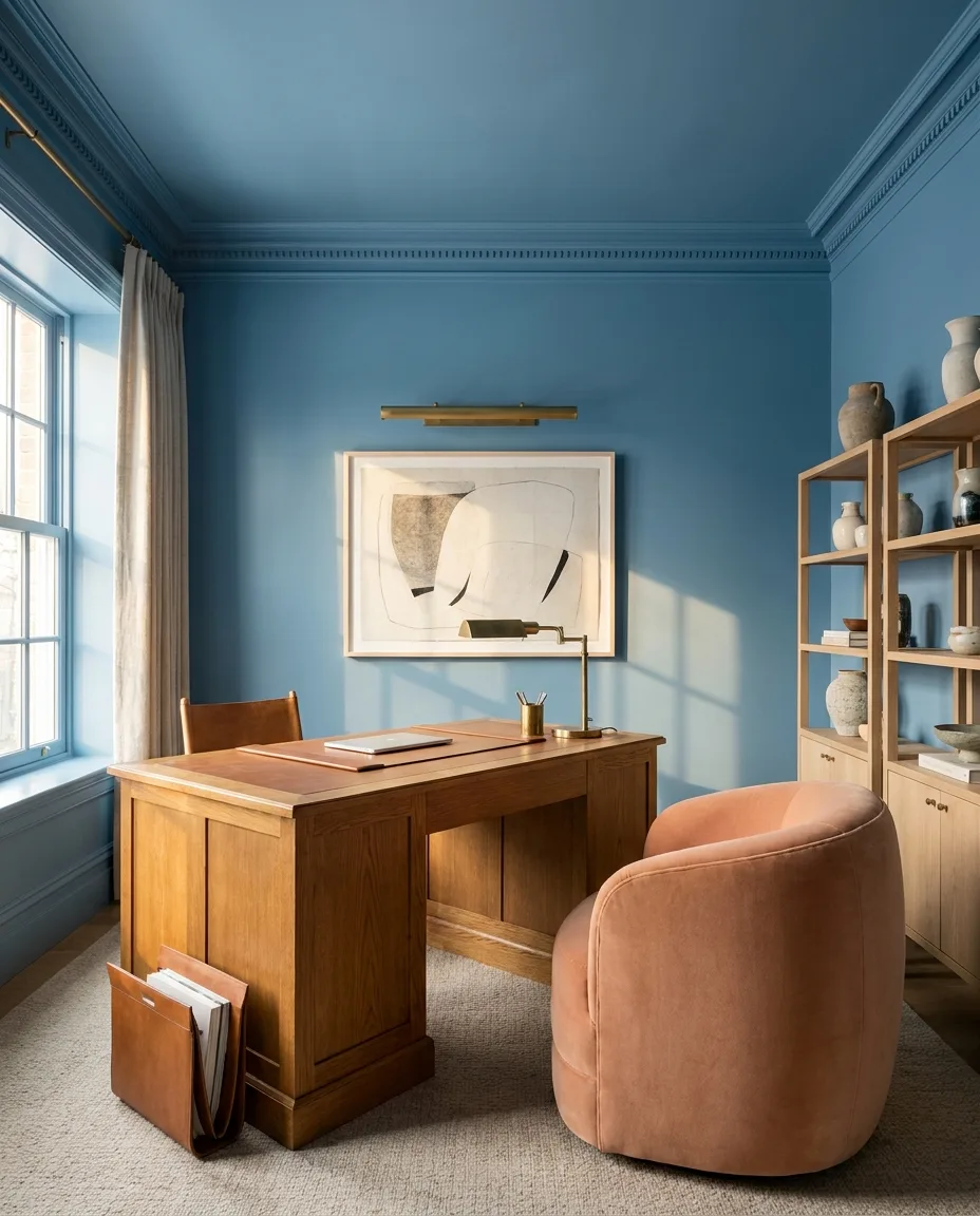 A 2027 study color-drenched in a mid-tone blue with a warm-oak desk, brass picture light and apricot-pink armchair
