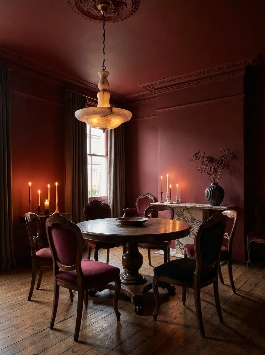 A full 2027 dining room drenched in deep cranberry-oxblood with a round vintage table, carved chairs and dimmed alabaster chandelier