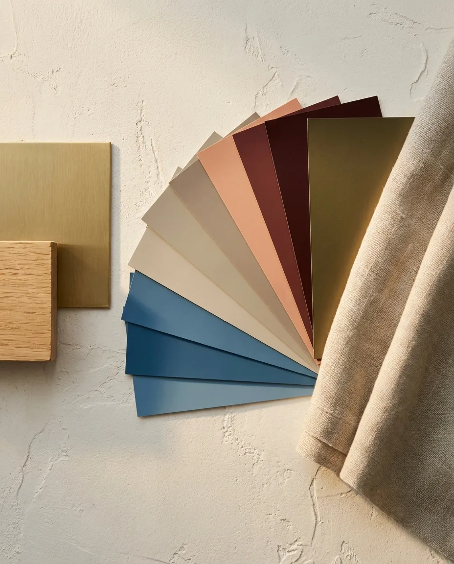 A 2027 color mood board built around a mid-tone blue with warm greige, apricot, oxblood and bronze-green paint chips