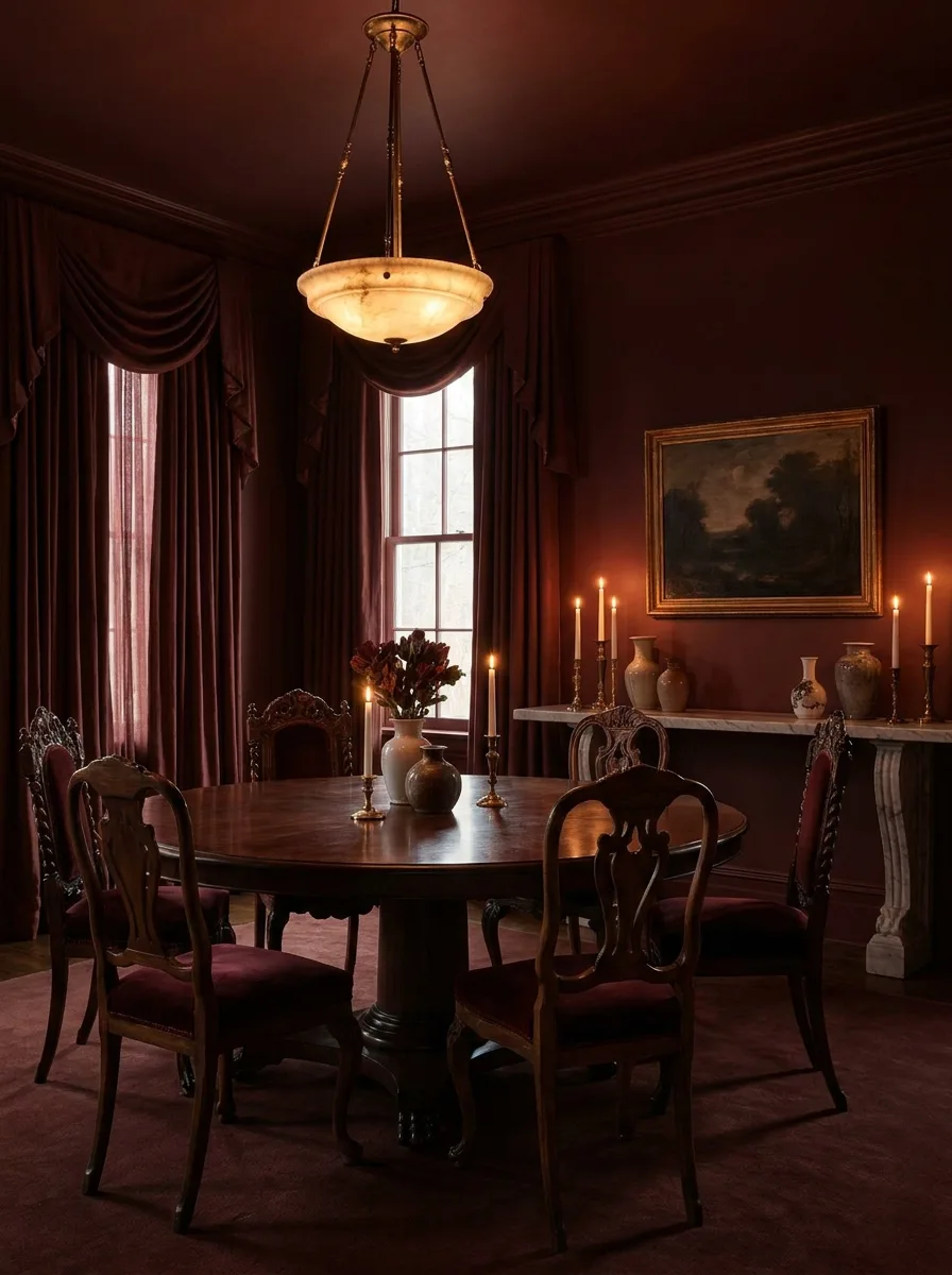 A full 2027 dining room in deep oxblood with a round pedestal table, mismatched carved chairs and a dimmed alabaster chandelier