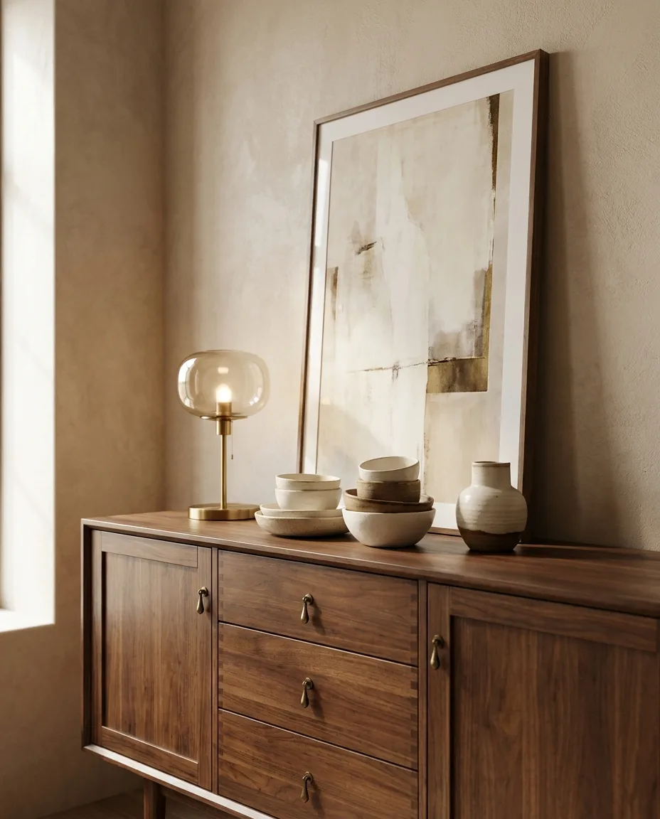 A 2027 vignette of a vintage walnut sideboard with visible dovetail craftsmanship, aged-brass hardware and auction-found ceramics