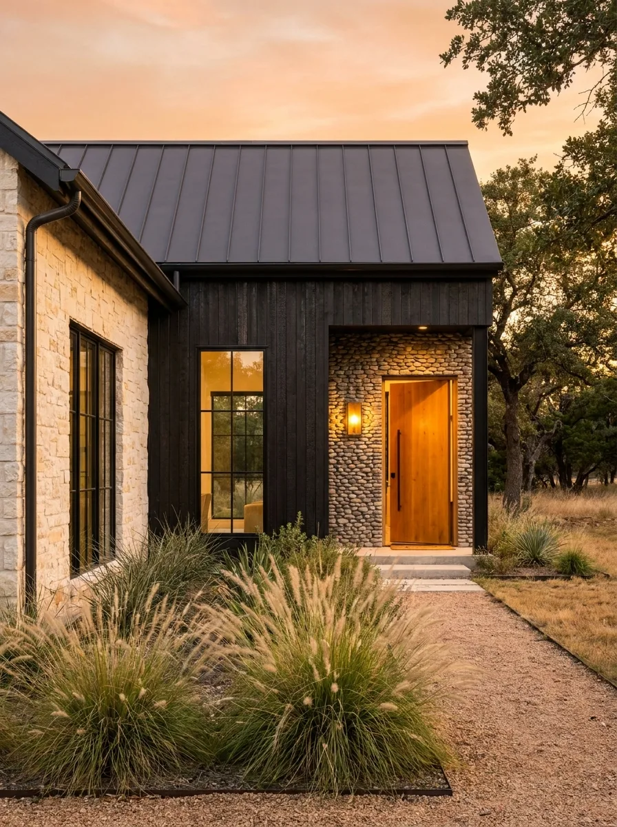 A full 2027 house facade at golden hour mixing limewashed masonry, charred-wood cladding and stacked stone with black windows