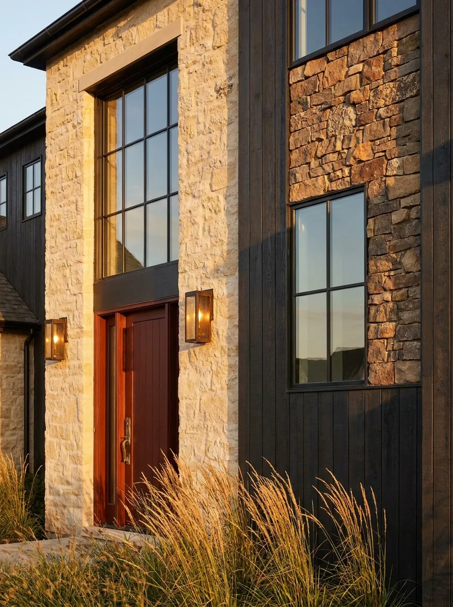 A mixed-cladding house facade in limewash, dark wood and stone with black-framed windows and an oxblood front door